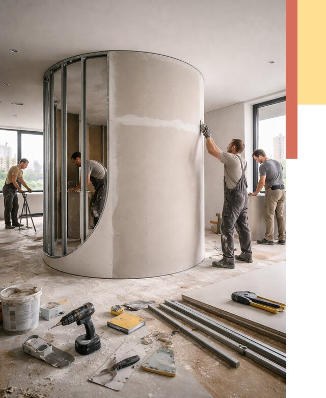 Радиусная перегородка из гипсокартона в находке от 2991 руб. под ключ | ОТДЕЛОЧНИК-Нхд