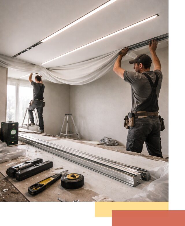 Монтаж натяжных потолков со световыми линиями в находке