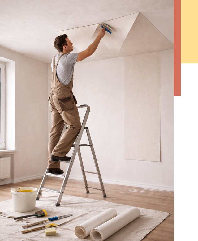 Поклейка обоев на потолок в находке от 4642 руб. быстро и недорого | ОТДЕЛОЧНИК-Нхд